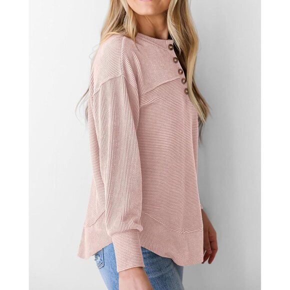 Women Long Sleeve Ribbed Henley Top Button V Neck Casual Tunic Size Large - Picture 5 of 5
